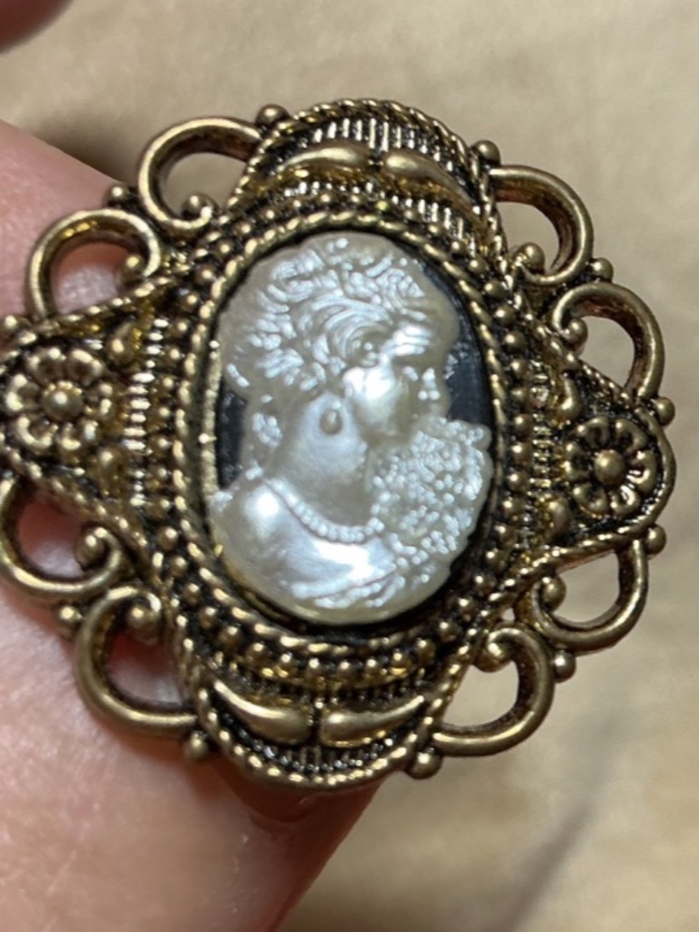 Vintage Black, Gold-Tone, White Cameo Brooch Pin Filigree Victorian Revival 1"